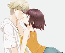  1boy ass bad_id bad_pixiv_id bare_shoulders blonde_hair brown_eyes brown_hair couple eye_contact face-to-face female finger_marks grey_eyes hood hoodie imminent_kiss kaburagi_sui looking_at_another nishio_rina ootani_mikoto short_hair shorts soukyuu_no_fafner straight tank_top wide-eyed 