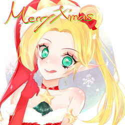  ambitious_elf_jinx blonde_hair bow choker christmas christmas_tree female gloves jinx_(league_of_legends) league_of_legends long_hair pointy_ears ribbon santa_hat 