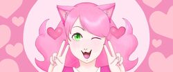  2015 abstract_background animal_humanoid bust_portrait cat_humanoid clothing double_v_sign felid felid_humanoid feline feline_humanoid fur gesture green_eyes hair hand_gesture heart_symbol humanoid looking_at_viewer mammal mammal_humanoid mew_mew_(undertale) mew_mew_kissy_cutie one_eye_closed open_mouth pink_body pink_fur pink_hair portrait sharp_teeth shockolat_(artist) solo teeth undertale undertale_(series) v_sign wink 