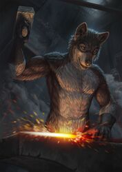  2017 5_fingers action_pose anthro anvil armwear black_armwear black_clothing black_nose blacksmith blue_eyes brown_body brown_fur canid canine canis clothing conditional_dnp detailed detailed_fur digital_media_(artwork) fingers fire forging front_view fur gloves grey_body grey_fur half-length_portrait hammer handwear hi_res holding_melee_weapon holding_object holding_sword holding_tool holding_weapon latex_(artist) male mammal melee_weapon mostly_nude muscular muscular_anthro muscular_male mythological_canine mythological_creature mythology portrait pose rakan scar smoke solo sparks sword tools weapon were werecanid werecanine werewolf wolf 