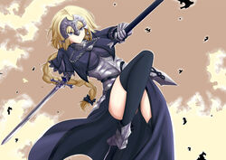  akashiro_sen armor armored_dress black_thighhighs blonde_hair braid cloud commentary_request dress dual_wielding fate/apocrypha fate_(series) female foreshortening gauntlets headpiece highres holding jeanne_d&#039;arc_(fate) jeanne_d&#039;arc_(ruler)_(fate) leg_up legs long_hair polearm purple_eyes side_slit single_braid sky solo sword thighhighs thighs weapon 