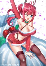  :d antlers azur_lane bare_shoulders black_thighhighs blue_eyes bow breasts commentary crop_top dress female highres horns katou_shinobu large_breasts official_alternate_costume one_eye_closed open_mouth red_dress red_hair red_skirt reindeer_antlers san_diego_(azur_lane) san_diego_(sandy_claus)_(azur_lane) santa_costume skirt smile solo thighhighs twintails white_background 