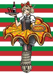  alcohol blonde_hair bloomers bottle cheese cup drink female food food_on_head food_print food_themed_clothes fork grey_eyes italian_flag italy object_on_head open_mouth original pasta personification pizza sauce skirt smile solo spaghetti tomato tray underwear wine wrist_cuffs 