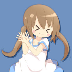  &gt;_&lt; 22m blue_background blush blush_stickers brown_hair character_request closed_eyes collarbone copyright_request dress eyebrows_visible_through_hair female female hands_up short_sleeves simple_background solo standing tied_hair twintails wavy_mouth white_dress 