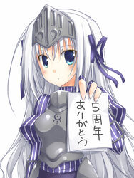  armor armored_dress blue_eyes breastplate commentary_request eucliwood_hellscythe female fujimoto_akio juliet_sleeves kore_wa_zombie_desu_ka? long_hair long_sleeves notepad photoshop_(medium) puffy_sleeves ribbon solo translated visor_(armor) white_hair 