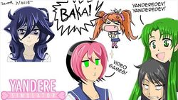  angry ayano_aishi black_hair blue_eyes green_eyes green_hair happy midori_gurin_(yandere_simulator) multiple_girls oka_ruto_(yandere_simulator) orange_hair osana_najimi_(yandere_simulator) pink_hair pippi_osu_(yandere_simulator) school_uniform smile yandere_simulator 