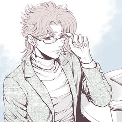  1boy adjusting_eyewear baitu blazer commentary_request cup disposable_coffee_cup disposable_cup earrings glasses jacket jewelry jojo_no_kimyou_na_bouken kakyoin_noriaki male_focus photoshop_(medium) red_eyes red_hair solo table turtleneck upper_body 