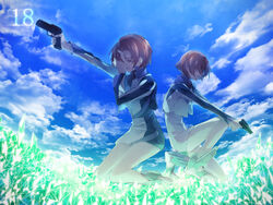  0731sa boots closed_eyes cloud commentary_request cropped_jacket crystal dated day female gun hand_on_own_face jacket kneeling long_sleeves multiple_views orange_hair short_hair skirt sky soukyuu_no_fafner spoilers toomi_maya uniform weapon 