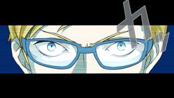  1boy argath_thadalfus bespectacled blonde_hair blue_eyes close-up commentary_request eye_focus final_fantasy final_fantasy_tactics glasses male_focus parody persona persona_4 persona_eyes solo yoichi_(45008) 