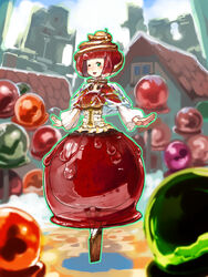  apple apple_hair_ornament blunt_bangs blush bubble_skirt candy_apple capelet commentary_request corset dress female food food-themed_clothes food-themed_hair_ornament fruit full_body gingerbread_house green_eyes hair_ornament highres long_sleeves looking_at_viewer neck_ribbon one_eye_closed open_mouth original outstretched_arms personification platform_footwear pocketland red_dress red_hair ribbon see-through short_hair skirt smile solo standing sweets tetuhei underbust 