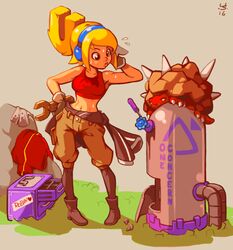  black_legwear blonde_hair boots breasts clothes_around_waist crop_top female gloves half_updo headphones jacket jacket_around_waist joakim_sandberg machinery mechanic monster pigeon-toed robin_(the_iconoclasts) small_breasts solo sweat the_iconoclasts wrench 