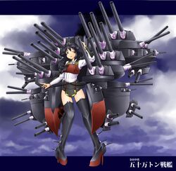  armor battleship cannon character_name cloud dead_people female green_eyes gun headgear japanese_armor kote long_hair mecha_musume military military_vehicle original parted_lips personification pigeon-toed ship skindentation solo thighhighs thighs too_many turret warship watercraft weapon 