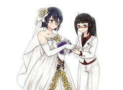  2girls anchor_hair_ornament bare_shoulders black_hair blush bouquet bridal_gauntlets bridal_veil commentary_request dress eyepatch female_admiral_(kancolle) flower gem glasses hair_ornament jewelry kantai_collection kumin_(6939359) multiple_girls purple_flower purple_hair purple_rose putting_on_jewelry red-framed_eyewear red_eyes ring rose sleeveless sleeveless_dress smile tenryuu_(kancolle) veil wedding_dress wedding_ring white_flower white_rose wife_and_wife yellow_eyes yellow_flower yellow_rose yuri 