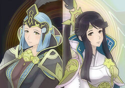  2girls arete_(fire_emblem) black_hair blue_hair brown_eyes cape commentary_request feathers fire_emblem fire_emblem_fates highres long_hair mikoto_(fire_emblem) mole multiple_girls photoshop_(medium) ponytail runachikku siblings sisters yellow_eyes 