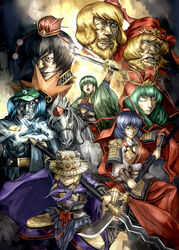  6+girls aki_minoriko aki_shizuha alternate_costume animal arm_up armor beard black_hair blonde_hair blue_eyes blue_hair bracer cape chinese_armor chinese_clothes closed_eyes closed_mouth commentary_request cuisses doctor_doom dragon_ornament evil_grin evil_smile facial_hair flat_cap glowing glowing_eyes green_hair green_headwear grin guan_dao hair_between_eyes hair_bobbles hair_ornament hair_tubes hand_fan hat headdress highres holding holding_polearm holding_sword holding_weapon horse horseback_riding inubashiri_momiji jian_(weapon) kagiyama_hina kawashiro_nitori kochiya_sanae leg_armor light_purple_hair long_hair man_face manly marvel mask matsutake_umeo mecha_musume medium_hair moriya_suwako mountain_of_faith multiple_girls open_mouth outstretched_arm outstretched_hand over_shoulder pauldrons polearm pom_pom_(clothes) purple_cape reaching reaching_towards_viewer red_eyes riding romance_of_the_three_kingdoms serious shameimaru_aya shoulder_armor shoulder_pads sidelocks smile snake_tongue_(polearm) spear sword tokin_hat touhou two-handed vambraces weapon weapon_over_shoulder white_horse yasaka_kanako yellow_eyes 