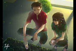  0731sa 1boy black_hair brown_eyes brown_hair cobblestone commentary_request cup douma_hiroto drink drinking_glass female glass grass highres long_hair pillarboxed short_hair short_sleeves soukyuu_no_fafner tatekami_seri 