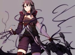  arrow_(projectile) asymmetrical_clothes battery_aida_ni_misu_ga_deta belt black_hair black_shorts bow_(weapon) breasts cleavage commentary_request compound_bow cowboy_shot female fingerless_gloves gloves glowing glowing_eye hood hooded_jacket jacket large_breasts rita_(sennen_sensou_aigis) sennen_sensou_aigis shorts solo weapon 