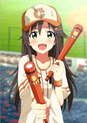  baseball_bat baseball_cap blush brown_hair commentary_request female green_eyes hair_ornament hairclip hat himekawa_yuki idolmaster idolmaster_cinderella_girls kei_(0497) long_hair open_mouth smile solo 