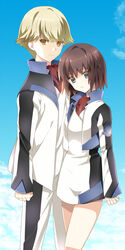  1boy bad_id bad_pixiv_id blonde_hair brown_hair cloud cropped_jacket day female finger_marks grey_eyes height_difference jacket kaburagi_sui long_sleeves looking_at_viewer nishio_rina ootani_mikoto pants short_hair skirt sky soukyuu_no_fafner standing uniform 