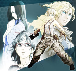  4girls armpits bare_arms belt black_eyes black_footwear black_hair blonde_hair blue_eyes blue_shirt boots breasts brown_gloves camouflage camouflage_pants cargo_pants collared_shirt combat_boots commentary_request curly_hair emma_emmerich fortune_(metal_gear) from_side full_body glasses gloves gun h&amp;k_mark_23 hair_ornament hair_over_shoulder hair_stick handgun holding holding_gun holding_weapon honeycomb_(pattern) honeycomb_background laser_sight long_hair looking_at_viewer looking_to_the_side looking_up md5_mismatch medium_breasts metal_gear_(series) metal_gear_solid_2:_sons_of_liberty military multicolored_pants multiple_girls nostrils olga_gurlukovich open_mouth pants parted_lips partial_commentary pigeon-toed pink-framed_eyewear pouch projected_inset resolution_mismatch rosemary_(metal_gear) shirt short_hair sjw_kazuya sleeveless sleeveless_shirt solo_focus source_larger striped_clothes striped_shirt striped_tank_top suspenders t-shirt tank_top tomboy trigger_discipline upper_body utility_belt weapon 