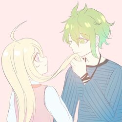  1boy ahoge akamatsu_kaede amami_rantarou blonde_hair blue_shirt danganronpa duo eyebrows female green_eyes green_hair jewelry long_hair matching_hair/eyes necklace new_danganronpa_v3 one_eye_closed pendant purple_eyes school_uniform shirt short_hair striped striped_shirt sweater sweater_vest uniform white_shirt 