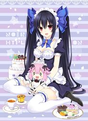  :d apron black_footwear black_hair blue_dress blue_ribbon blush breasts cake character_doll character_name cleavage commentary_request cup detached_collar doll dress female food frilled_apron frilled_cuffs frilled_dress frilled_thighhighs frills full_body hair_ribbon high_heels highres holding holding_doll long_hair looking_at_viewer maid maid_apron maid_headdress medium_breasts neptune_(neptunia) neptune_(series) noire_(neptunia) open_mouth pudding red_eyes ribbon sitting smile solo striped striped_background tea teacup thighhighs twintails very_long_hair white_thighhighs wrist_cuffs zero_(ray_0805) 