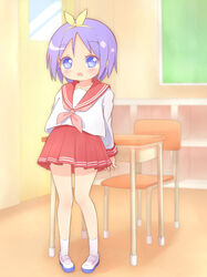  22m arms_behind_back blue_eyes blue_footwear blush chair chalkboard classroom collarbone door eyebrows_visible_through_hair female female full_body hairband heart heart-shaped_pupils highres hiiragi_tsukasa indoors long_sleeves lucky_star open_mouth pigeon-toed pleated_skirt purple_hair red_sailor_collar red_skirt sailor_collar school_uniform serafuku shirt shoes short_hair skirt socks solo standing symbol-shaped_pupils uniform white_legwear white_shirt 