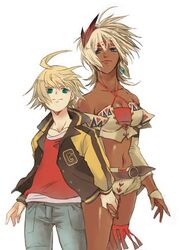  1boy bad_id bad_pixiv_id blonde_hair blue_eyes breasts dark_skin female green_eyes johnny_garland medium_breasts native_american shadow_hearts shadow_hearts_from_the_new_world shania short_hair tng 