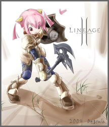  armor artist_request axe dwarf dwarf_(lineage_2) female heart lineage lineage_2 photoshop_(medium) pink_hair player_character_(lineage_2) shield smile solo weapon 