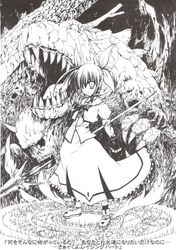  blood bow demon dragon energy_wings female fingerless_gloves gloves greyscale horror_(theme) lyrical_nanoha magic_circle magical_girl mahou_shoujo_lyrical_nanoha monochrome onsokuzekuu raising_heart raising_heart_(exelion_mode) shoes skull solo takamachi_nanoha takamachi_nanoha_(sacred_mode) translated twintails white_devil winged_footwear wings 