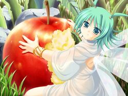  :t apple back blush bracelet dress eating fairy fairy_wings female flipped_hair food food_on_face from_side fruit game_cg grass green_eyes green_hair hair_bobbles hair_ornament hatozuki_tsumiki holding holding_food holding_fruit ikusa_megami_(series) ikusa_megami_zero jewelry leaf looking_at_viewer looking_back mini_person minigirl on_ground outdoors pazmo_menesis rock see-through short_hair sitting solo two_side_up white_dress wide_sleeves wings 