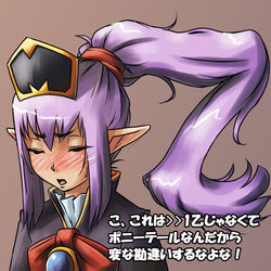  blush closed_eyes commentary_request elf elvaan female final_fantasy final_fantasy_xi hat long_hair photoshop_(medium) pointy_ears ponytail prishe purple_hair solo tara_baka_ni 