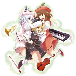  3girls bad_link black_footwear black_hat blonde_hair blue_hair bow_(music) brown_hair closed_eyes happy hat hug instrument keyboard_(instrument) kiji_(manekinuko-tei) light_blue_hair long_sleeves lunasa_prismriver lyrica_prismriver merlin_prismriver multiple_girls one_eye_closed open_mouth pink_footwear pink_hat red_footwear red_hat siblings sisters socks touhou trumpet violin white_socks 