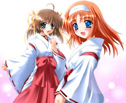  2girls amakase_miharu aqua_eyes asakura_nemu bell blue_eyes brown_hair choker da_capo da_capo_i hakama hakama_skirt japanese_clothes jingle_bell miko multiple_girls open_mouth orange_hair otoki_raku red_hakama ribbon skirt 