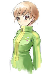  amei_sumeru brown_eyes brown_hair female jacket persona persona_4 satonaka_chie short_hair smile solo standing track_jacket turtleneck 