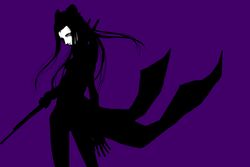  artist_request blame! coat female from_behind long_hair looking_back monochrome pcell purple_theme silhouette silicon_creature_(blame!) simple_background solo sword weapon 