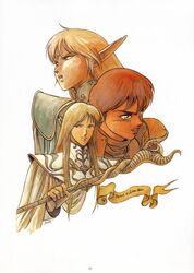  1990s_(style) 2boys absurdres armor artbook blonde_hair cecil_(record_of_lodoss_war) copyright_name deedlit elf female highres izubuchi_yutaka male_focus multiple_boys parn_(lodoss) pointy_ears record_of_lodoss_war retro_artstyle robe staff wizard 