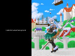  armor blue_eyes blue_hair castle female gloves highres long_hair looking_at_viewer mof mof&#039;s_silver_haired_twintailed_girl original outdoors polearm ship solo spear twintails very_long_hair watercraft weapon 