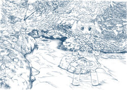  :o arms_at_sides blue_theme boots camouflage clenched_hands commentary_request female hair_bobbles hair_ornament hat kawashiro_nitori key long_sleeves looking_at_viewer monochrome nature optical_camouflage outdoors skirt solo stream touhou two_side_up wading yanagihara_tantoui 