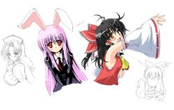  4girls :o animal_ears ayuhara_hiiro black_hair blush breasts brown_eyes detached_sleeves hakurei_reimu ibuki_suika large_breasts long_hair long_sleeves looking_at_viewer multiple_girls necktie open_mouth rabbit_ears red_necktie reisen_udongein_inaba ribbon-trimmed_sleeves ribbon_trim sidelocks simple_background touhou very_long_hair white_background yagokoro_eirin 