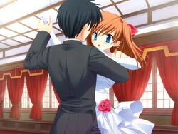  1boy black_hair blue_eyes bridal_gauntlets dancing dress elbow_gloves female flower game_cg gloves hair_ribbon honeycoming_royalsweet kamijou_asahi matsushita_makako open_mouth orange_hair rakko_(makarakko) ribbon white_dress 