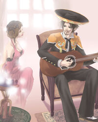  1boy acoustic_guitar artist_request brown_eyes brown_hair edna_capone female green_eyes guitar hat instrument ricardo_gomez shadow_hearts shadow_hearts_from_the_new_world 