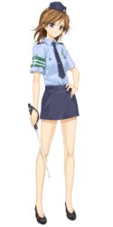  absurdres blue_eyes breasts brown_hair daimonji_yu female full_body happoubi_jin hat high_heels highres miniskirt necktie pencil_skirt police police_uniform policewoman shoes skirt small_breasts solo standing tachi-e tire_marking_tool transparent_background uniform zettai_shougeki 