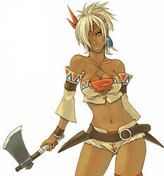  artist_request axe bandeau belt blonde_hair blue_eyes crop_top dark-skinned_female dark_skin detached_sleeves female hatchet_(axe) lowres midriff native_american shadow_hearts shadow_hearts_from_the_new_world shania solo strapless tube_top warrior weapon 