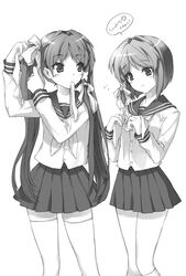  2girls bad_id bad_pixiv_id clannad company_connection cosplay cuteg fujibayashi_kyou fujibayashi_ryou greyscale hair_ribbon hiiragi_kagami hiiragi_kagami_(cosplay) hiiragi_tsukasa hiiragi_tsukasa_(cosplay) hikarizaka_private_high_school_uniform kyoto_animation long_hair lucky_star monochrome mouth_hold multiple_girls photoshop_(medium) ribbon ryouou_school_uniform school_uniform serafuku siblings sisters thighhighs twins twintails zettai_ryouiki 