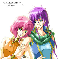  2girls 3ta2 androgynous bad_id bad_pixiv_id character_name copyright_name faris_scherwiz final_fantasy final_fantasy_5 green_eyes headband holding_another&#039;s_arm lenna_charlotte_tycoon long_hair multiple_girls orange_shirt pink_hair purple_hair reverse_trap shirt siblings sisters torn_clothes white_background 