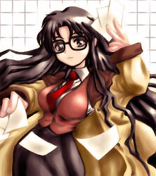  brown_eyes brown_hair commentary_request ebi_tendon female glasses lowres necktie photoshop_(medium) read_or_die red_necktie solo yomiko_readman 