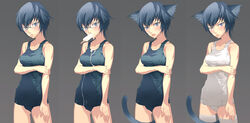  aikura_chihiro animal_ears bad_id bad_pixiv_id black_one-piece_swimsuit blue_eyes blue_hair cat_ears female food glasses highres one-piece_swimsuit persona persona_4 photoshop_(medium) popsicle school_swimsuit shirogane_naoto short_hair swimsuit tail variations white_one-piece_swimsuit 