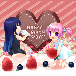  2girls barefoot birthday blue_eyes blue_hair blueberry cake dress flower food fruit hair_bobbles hair_ornament hamamo in_food long_hair mini_person minigirl multiple_girls open_mouth original photoshop_(medium) pink_eyes pink_hair strawberry sundress 