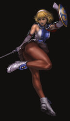  ass blonde_hair blue_eyes cassandra_alexandra elbow_gloves female gloves jayun long_legs muscular open_mouth pantyhose shield short_hair simple_background solo soulcalibur soulcalibur_iv sword weapon 